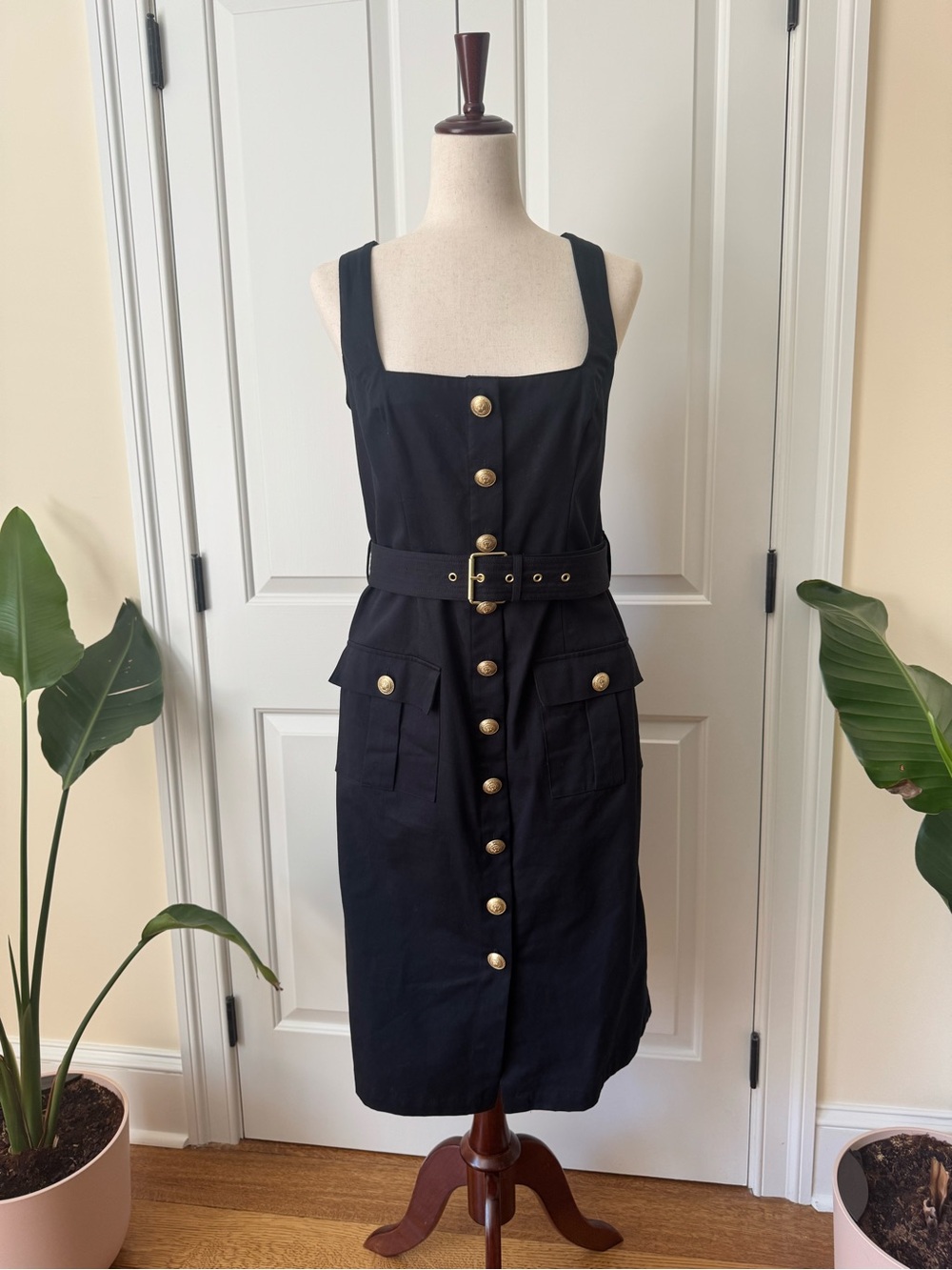 L'AGENCE Black Button-Front Belted Midi Dress